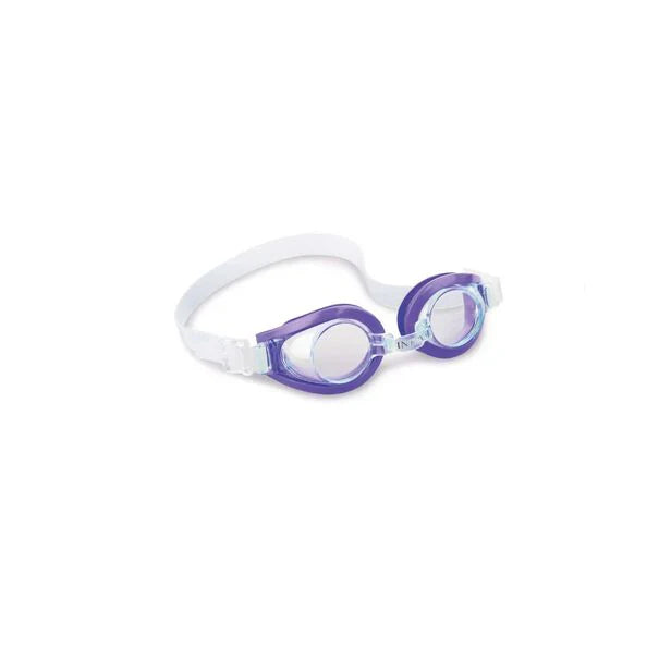 Swimming goggles with purple lenses and white frame on a white background