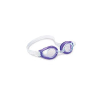 Swimming goggles with purple lenses and white frame on a white background