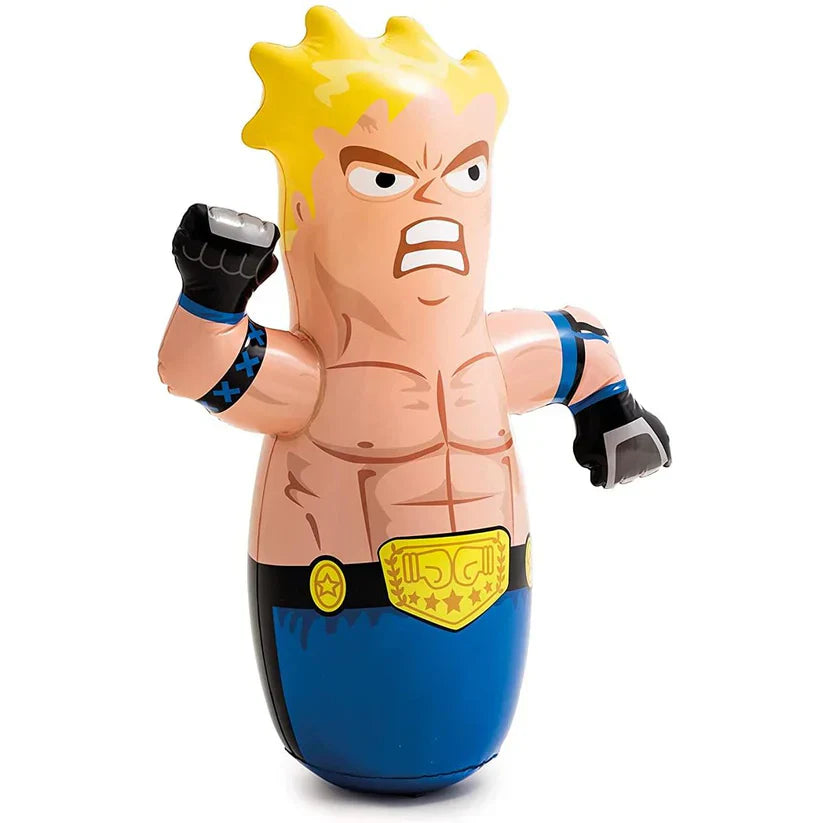 Toy figure of a muscular character with blonde hair and a championship belt on a white background
