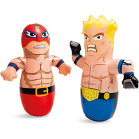 Two toy figures with colorful outfits on a white background