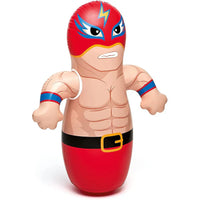 Toy figure of a muscular character with a red mask and outfit on a white background