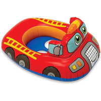 Red inflatable toy car with a fire engine design on a white background