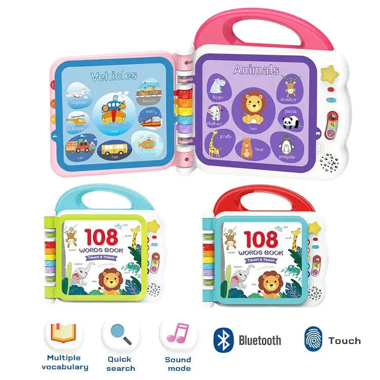 Set of educational children's books with interactive features on a white background