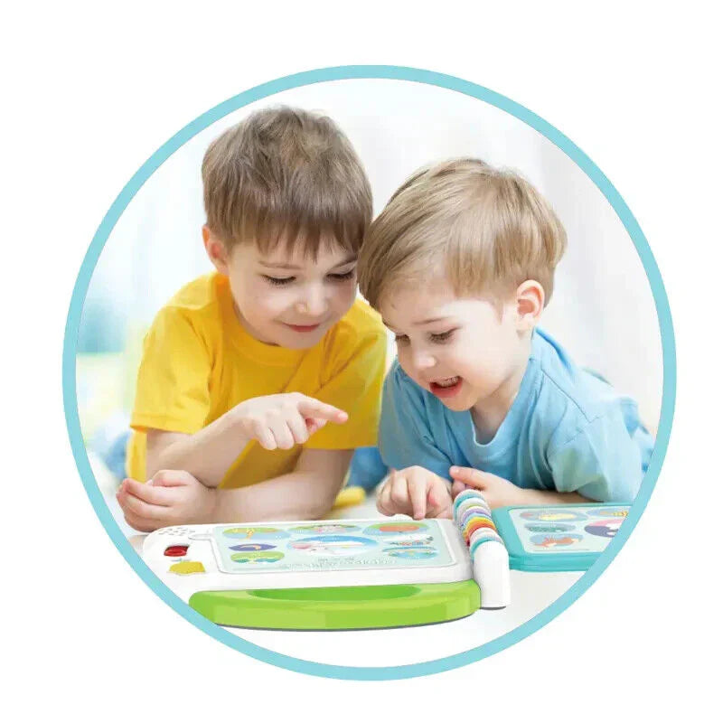 Two children playing with a colorful educational toy on a white background