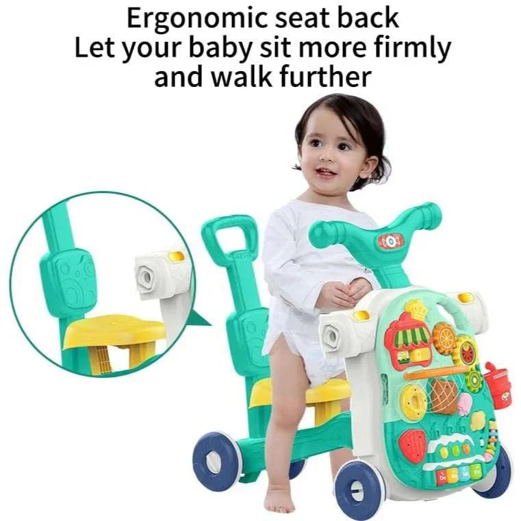 Child with a colorful toy walker and ergonomic seat back feature