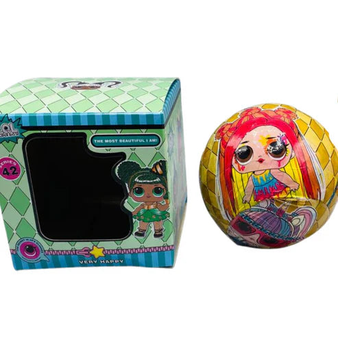 Two dolls with different outfits standing next to a red container, with a digital caliper showing measurement details.