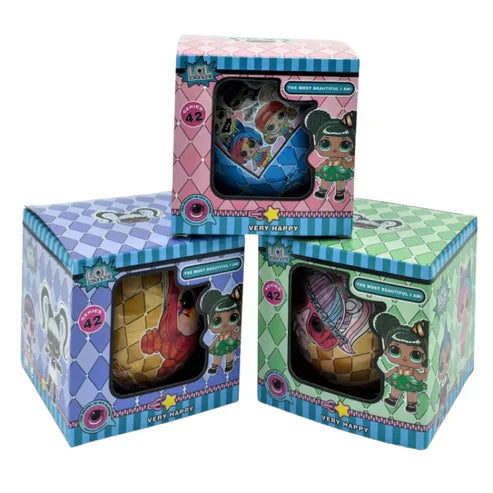 Child playing with a multi-story dollhouse toy set on a white background