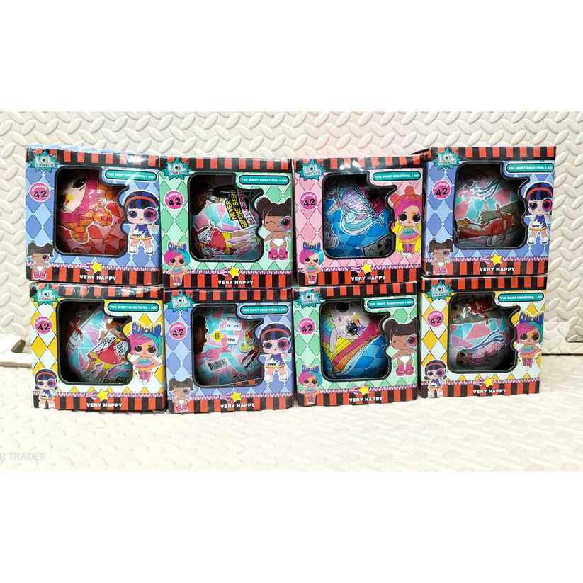 Toy dollhouse with multiple levels, furniture, and decorations, shown with dimensions on a white background.