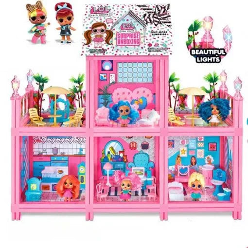 Toy dollhouse with multiple rooms and LOL Surprise dolls on a white background