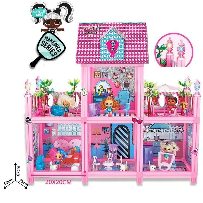 Toy dollhouse with multiple rooms and dolls, featuring the 'Makeover Series' brand.