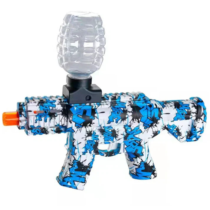 Toy gun with blue and black camouflage pattern on a white background