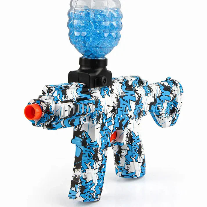 Graffiti-style bubble gun with blue bubbles on a white background