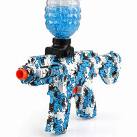 Graffiti-style bubble gun with blue bubbles on a white background