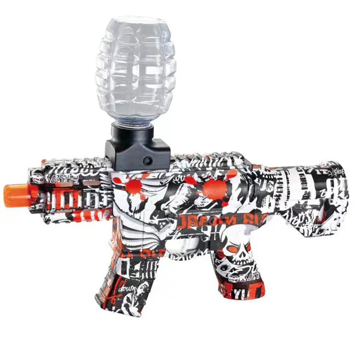 Decorative water gun with skull and skeleton design on a white background