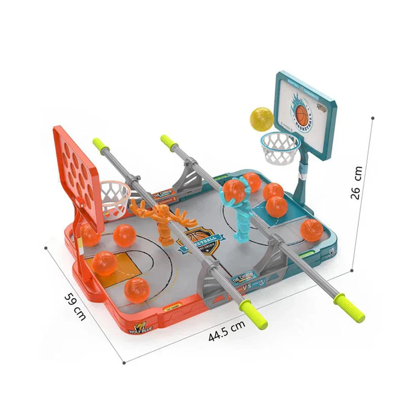 Toy basketball hoop set with dimensions on a white background