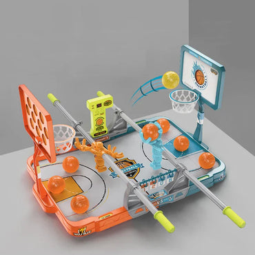 Toy basketball game with two hoops and a screen on a gray background