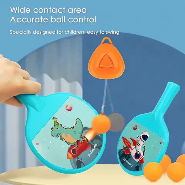 Children's paddle and ball set with cartoon designs on a blue background