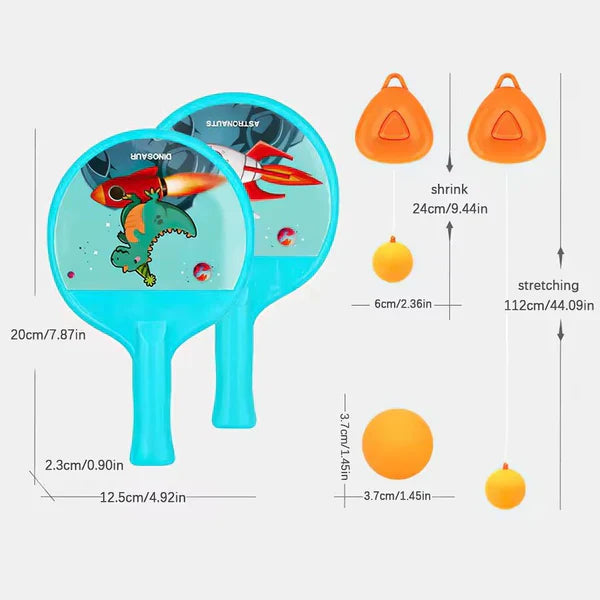 Children's paddle ball set with measurements on a white background