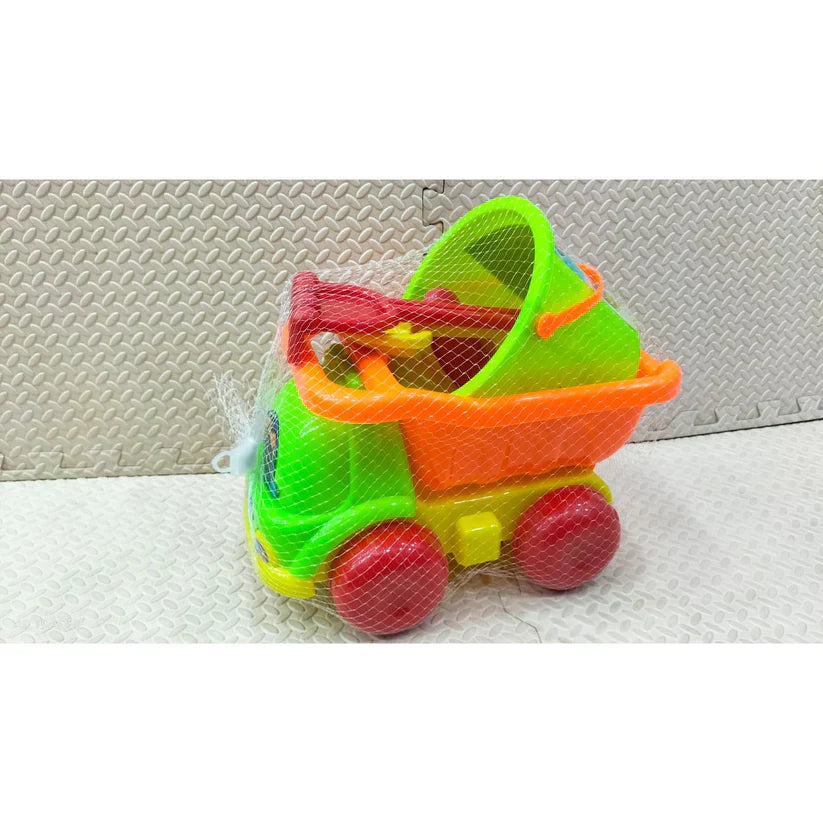 Colorful toy dump truck with red wheels on a textured surface