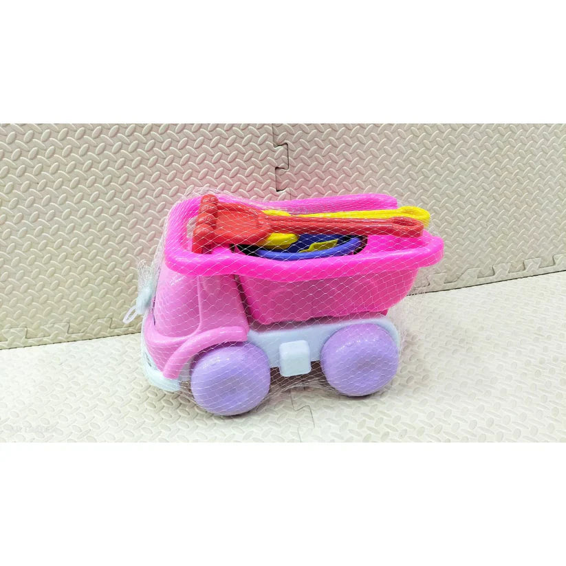 Pink toy truck with purple wheels on a textured surface