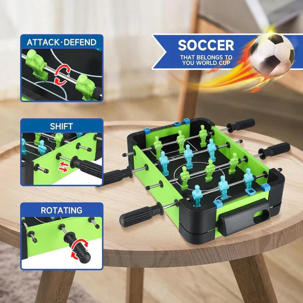 Tabletop foosball game on a wooden table with promotional text and graphics.