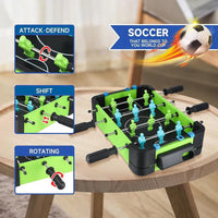 Tabletop foosball game on a wooden table with promotional text and graphics.