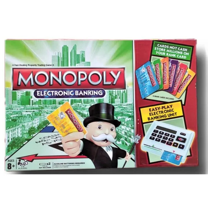 Monopoly Electronic Banking game box with man in top hat and cityscape design