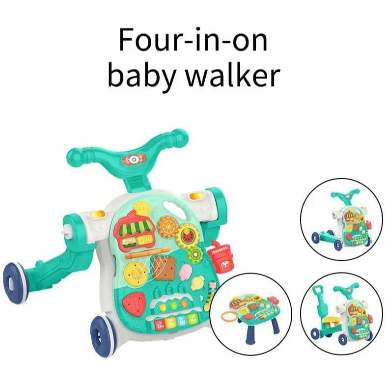 Colorful baby walker with multiple functions on a white background
