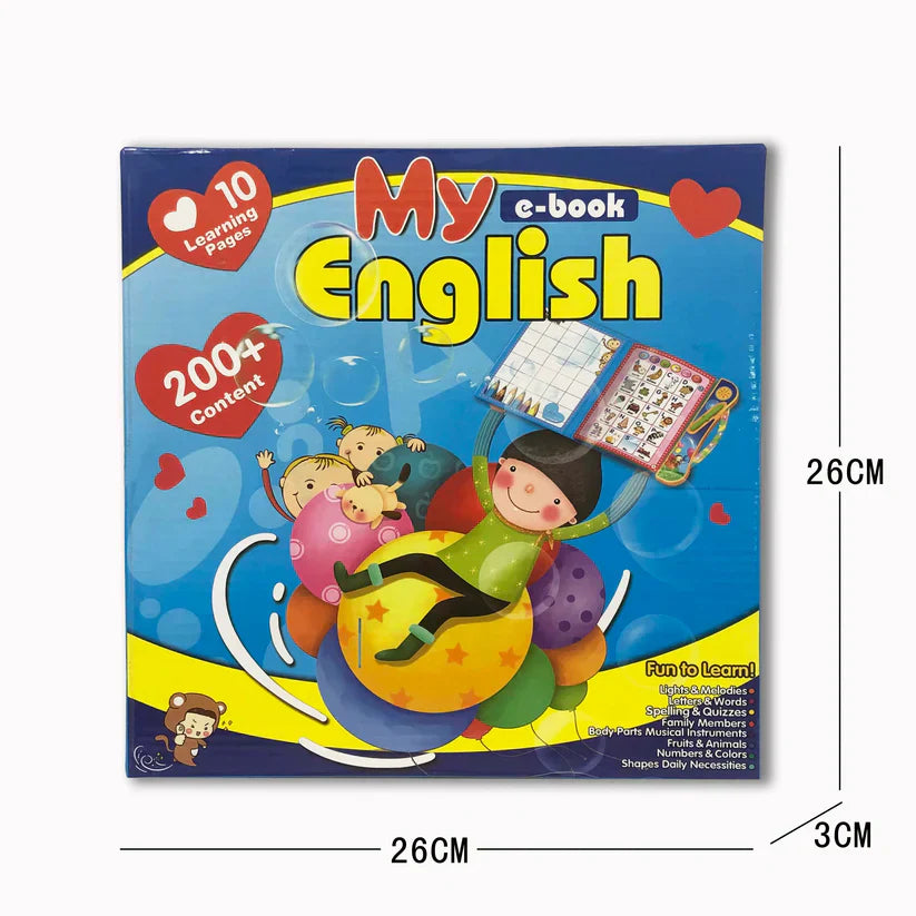 Children's educational book titled 'My English' with colorful design and measurements on a white background