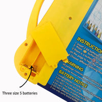 Yellow and blue electronic device with battery compartment and instructions on a white background