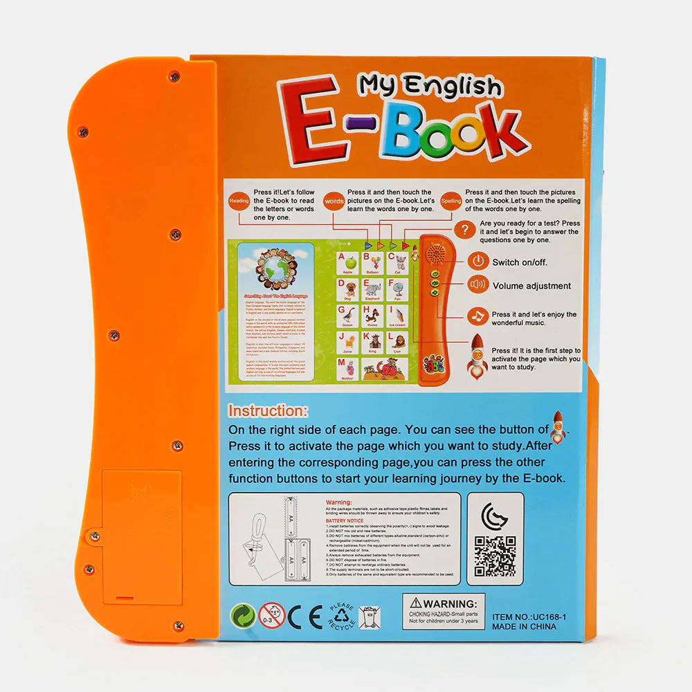 Yellow educational toy with a book and accessories on a white background