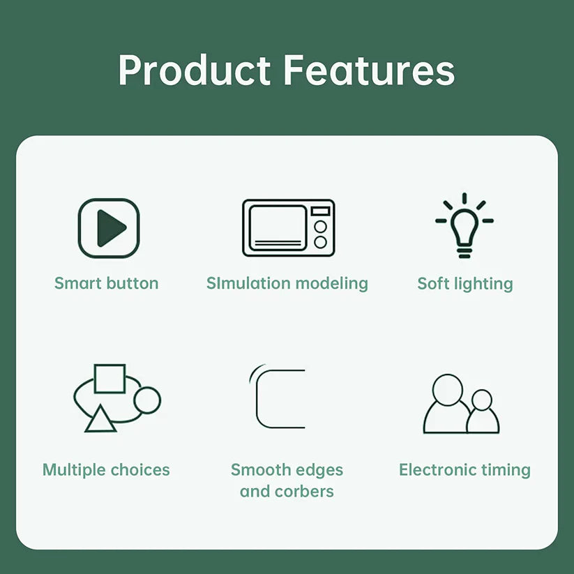 List of product features with icons and text on a green background