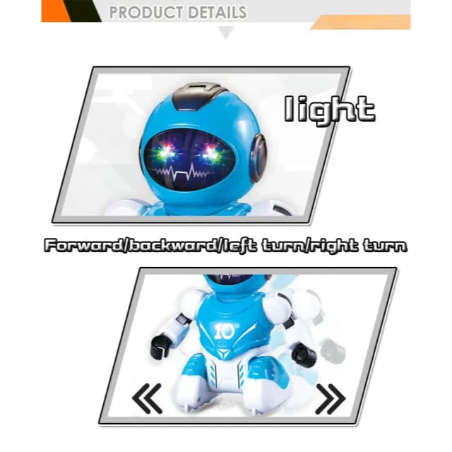 Toy robot with light-up head and movement capabilities on a white background