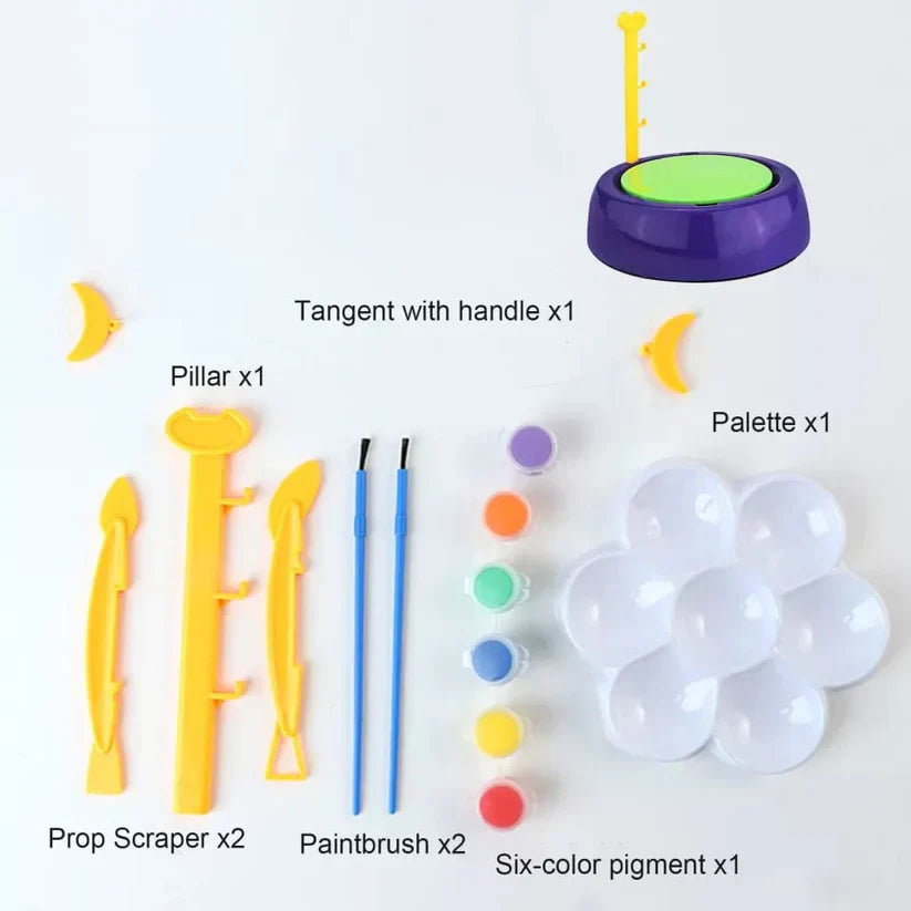 Child playing with a colorful building block table with labeled features on a white couch.