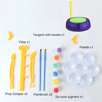 Child playing with a colorful building block table with labeled features on a white couch.