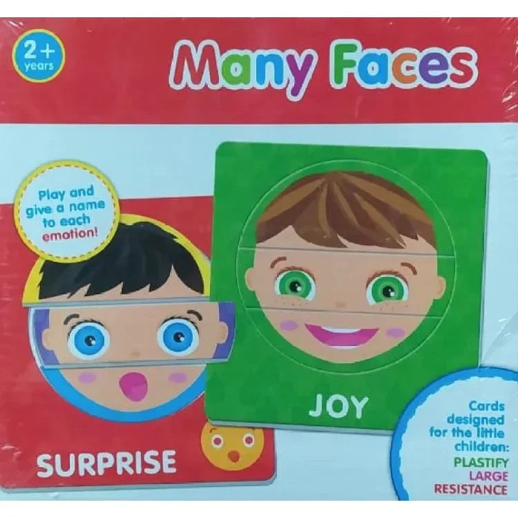 Children's educational toy packaging with faces and text on a red background