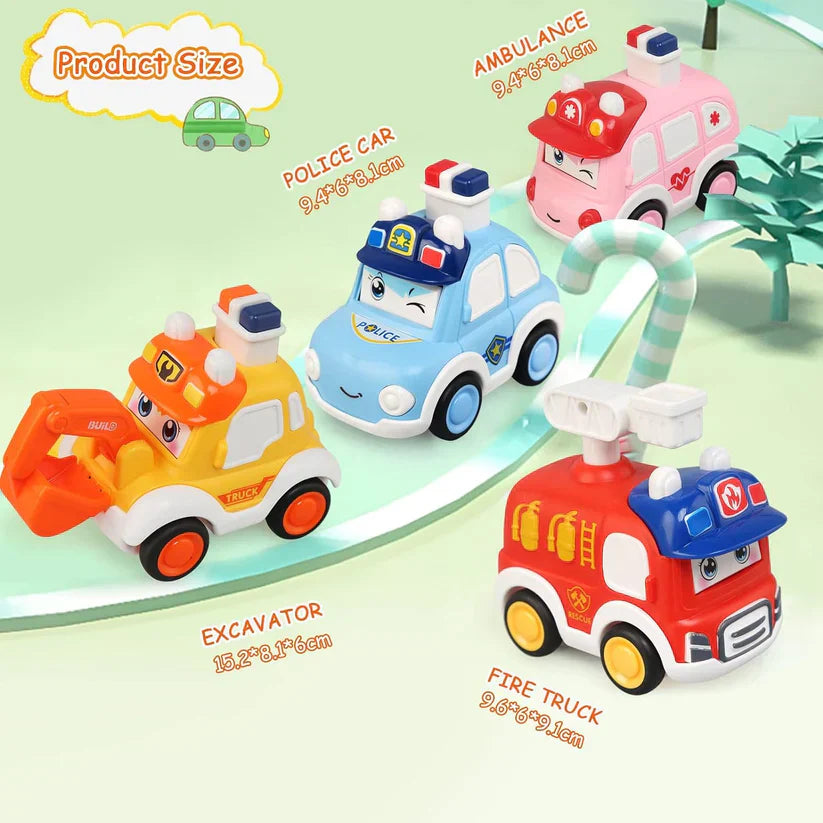 Set of toy vehicles including an ambulance, police car, excavator, and fire truck on a light green background.