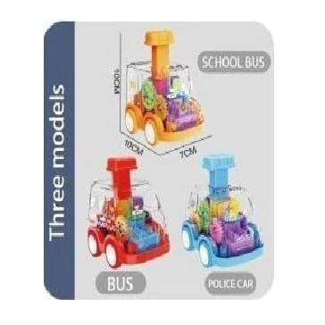 Card with toy building block models of a school bus, bus, and police car on a white background.