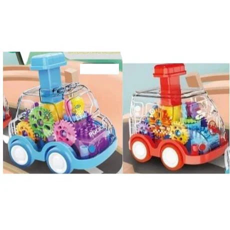 Two colorful toy cars with transparent bodies and various small parts on a white background