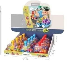 Toy car set with colorful figures and a box labeled 'Super Star' on a white background