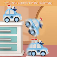Toy police car on a stand with text about its durability