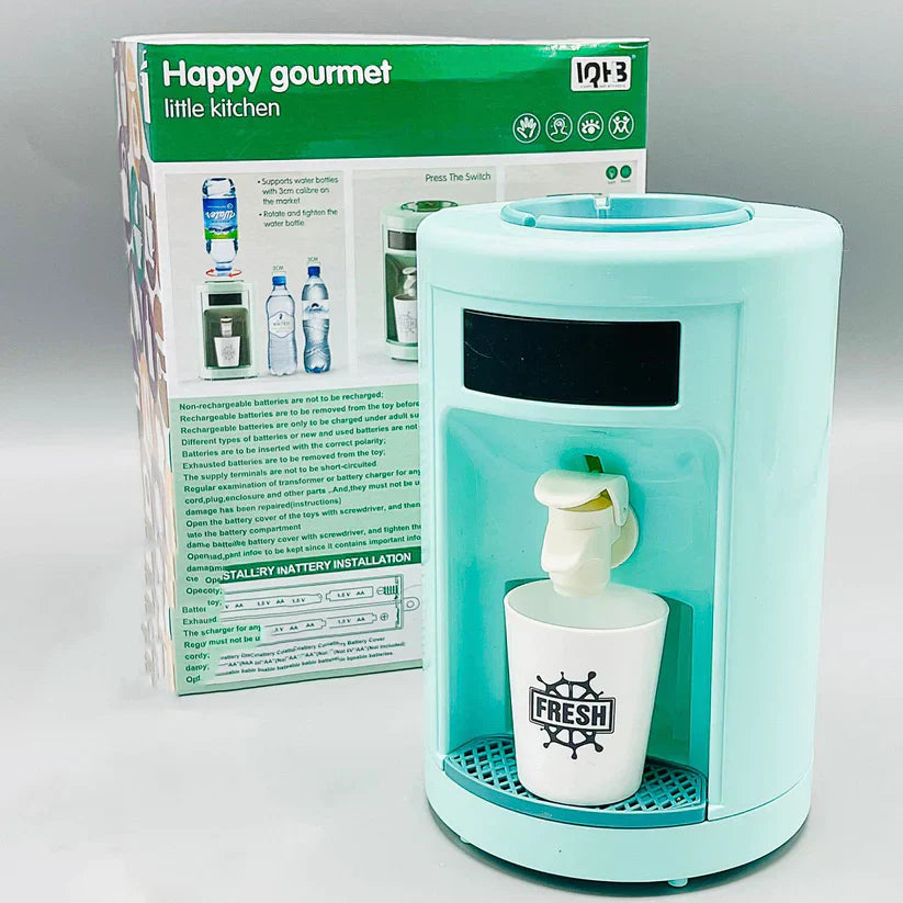 Turquoise water dispenser with a white cup labeled 'Fresh' next to its packaging.