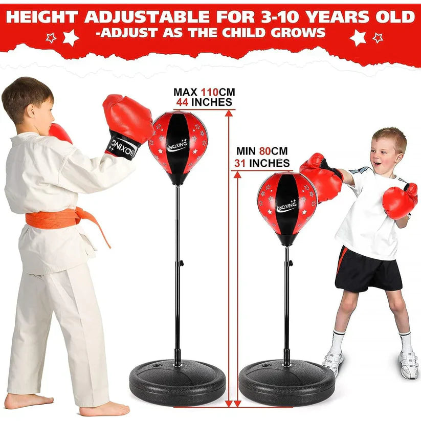 Children's punching bag set with height adjustment feature, suitable for ages 3-10.