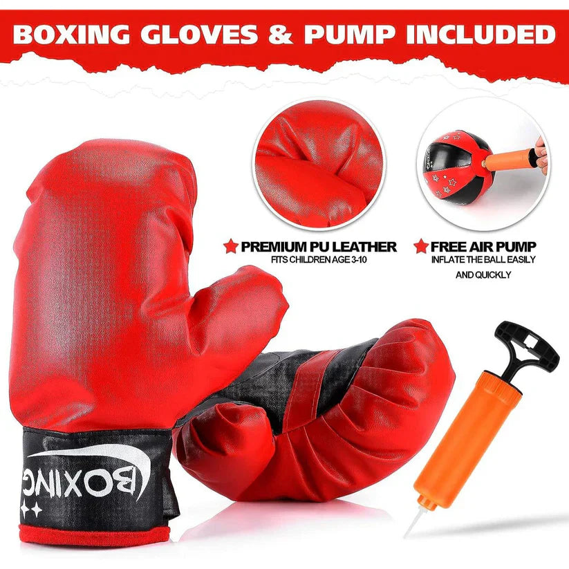 Red boxing gloves with black accents and a pump on a white background