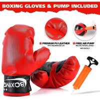 Red boxing gloves with black accents and a pump on a white background