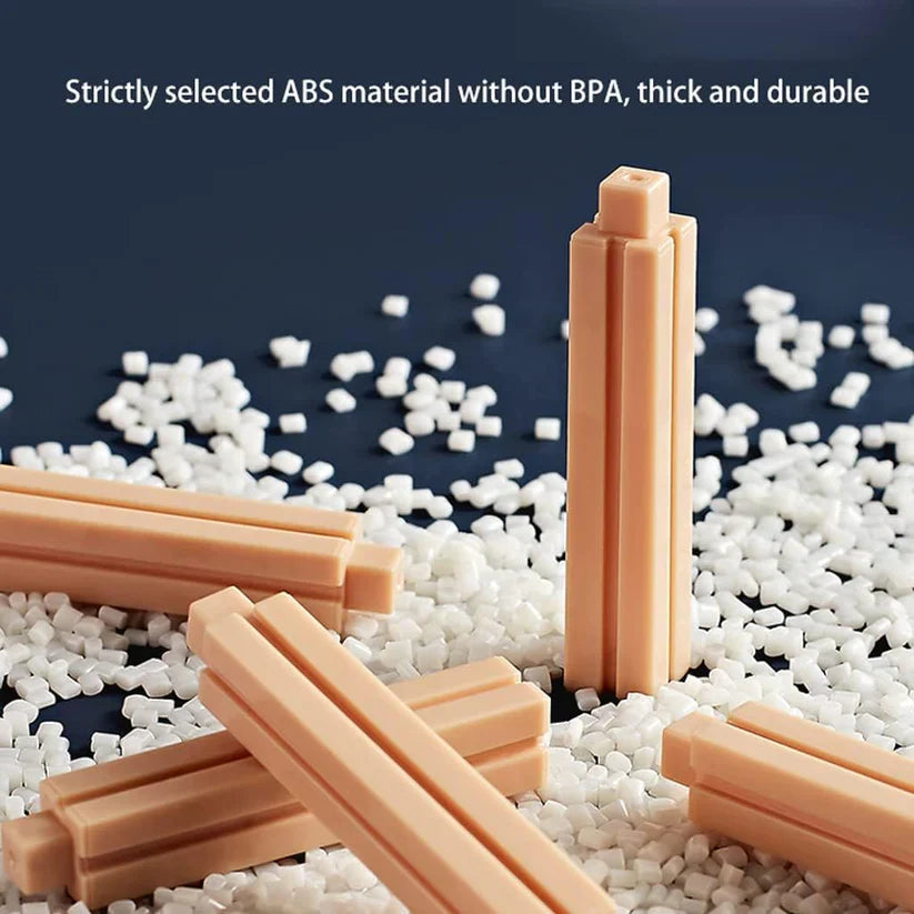 Beige plastic bars on a bed of white ABS plastic granules with text about material properties.