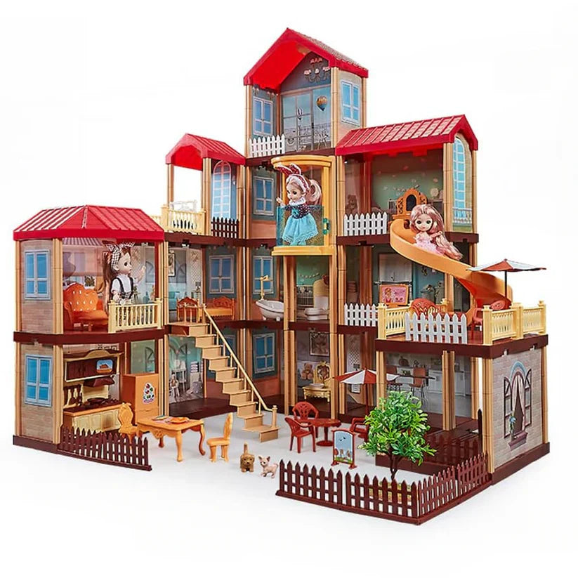 Toy dollhouse with multiple levels, furniture, and decorative elements on a white background