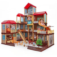 Toy dollhouse with multiple levels, furniture, and decorative elements on a white background