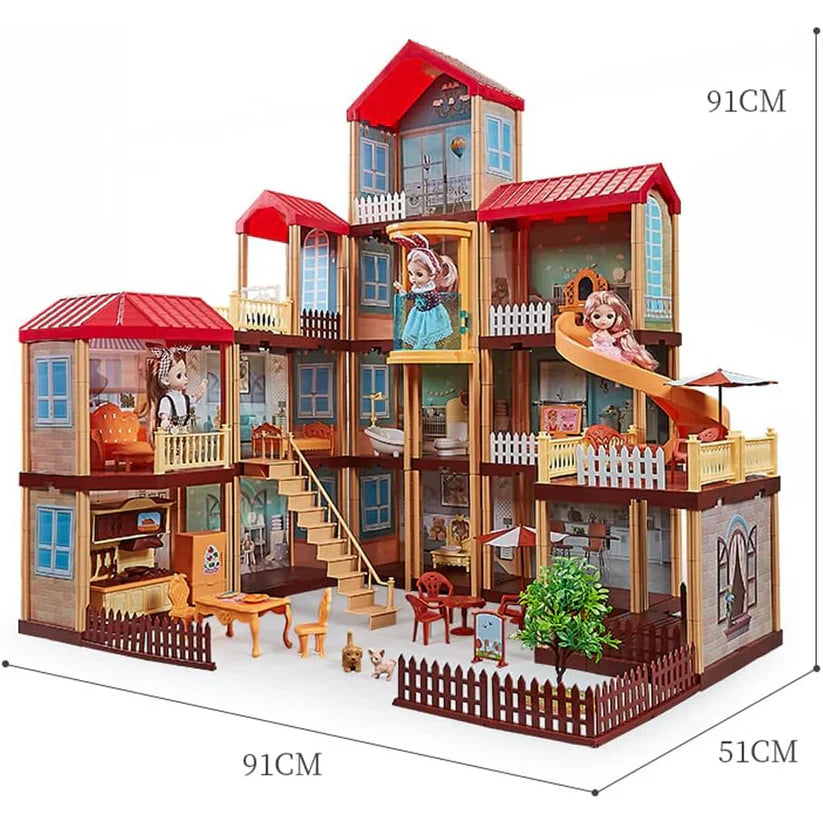Toy dollhouse with multiple levels, furniture, and decorations, shown with dimensions on a white background.