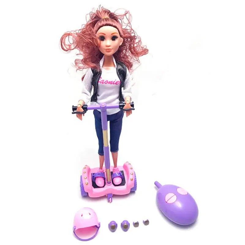 Toy doll with scooter and accessories on a white background